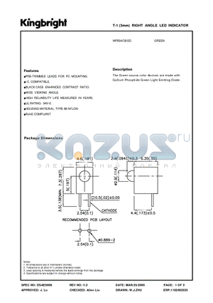 WP934CB-GD datasheet - T-1 (3mm) RIGHT ANGLE LED INDICATOR