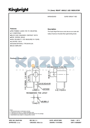 WP934CB-SRD datasheet - T-1 (3mm) RIGHT ANGLE LED INDICATOR