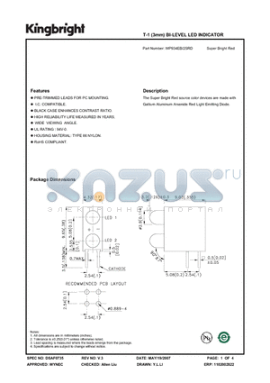 WP934EB/2SRD datasheet - T-1 (3mm) BI-LEVEL LED INDICATOR