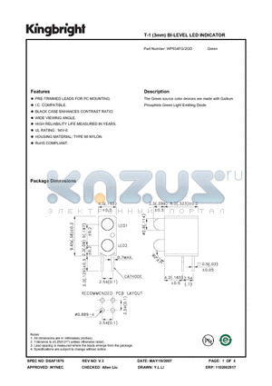 WP934FG-2GD datasheet - T-1 (3mm) BI-LEVEL LED INDICATOR