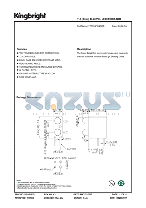 WP934FG-2SRD datasheet - T-1 (3mm) BI-LEVEL LED INDICATOR