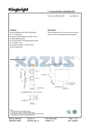 WP934GE/2SRD datasheet - T-1 (3mm) BI-LEVEL LED INDICATOR