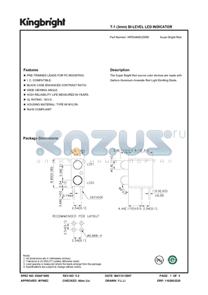 WP934MD-2SRD datasheet - T-1 (3mm) BI-LEVEL LED INDICATOR