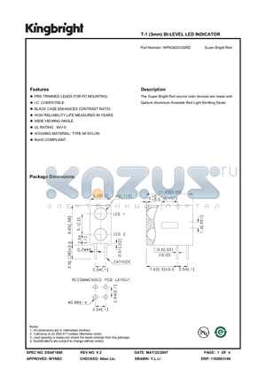 WP934GO-2SRD datasheet - T-1 (3mm) BI-LEVEL LED INDICATOR