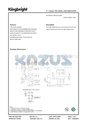 WP934PJ-3SRD datasheet - T-1 (3mm) TRI-LEVEL LED INDICATOR