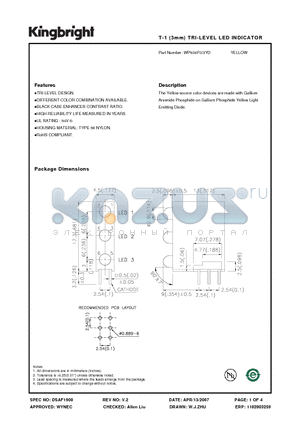 WP934PJ-3YD datasheet - T-1 (3mm) TRI-LEVEL LED INDICATOR