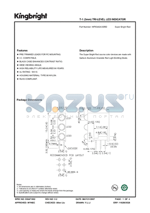 WP934SA-3SRD datasheet - T-1 (3mm) TRI-LEVEL LED INDICATOR