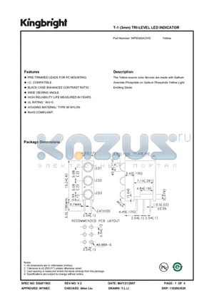 WP934SA-3YD datasheet - T-1 (3mm) TRI-LEVEL LED INDICATOR