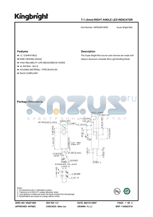 WP934ZH/SRD datasheet - T-1 (3mm) RIGHT ANGLE LED INDICATOR