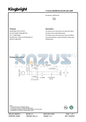 WP937GYW datasheet - T-1(3mm) ROUND BI-COLOR LED LAMP