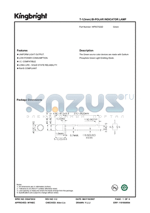 WP937GGD datasheet - T-1(3mm) BI-POLAR INDICATOR LAMP