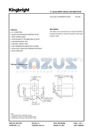 WP93A8EWP-YDTG0L datasheet - T-1 (3mm) RIGHT ANGLE LED INDICATOR