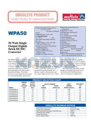 WPA50 datasheet - 50 Watt Single Output Eighth Brick DC/DC Converter