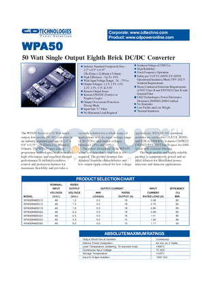 WPA5048S015 datasheet - 50 WATT SINGLE OUTPUT EIGHTH BRICK DC/DC CONVERTER