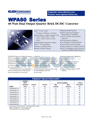 WPA60R48D0533 datasheet - 60 WATT DUAL OUTPUT QUARTER BRICK DC/DC CONVERTER