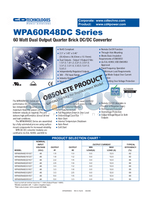 WPA60R48D1812C datasheet - 60 Watt Dual Output Quarter Brick DC/DC Converter