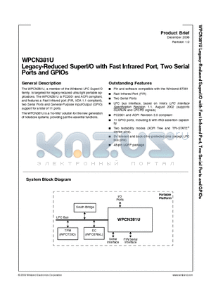 WPCN381U datasheet - Legacy-Reduced SuperI/O with Fast Infrared Port, Two Serial Ports and GPIOs