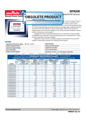WPN20R12S03 datasheet - 20 Watt Regulated DC/DC Converter
