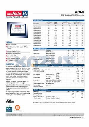 WPN20R24S03C datasheet - 20W Regulated DC/DC Converter