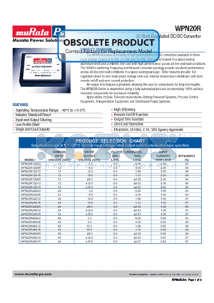 WPN20R24S03 datasheet - 20 Watt Regulated DC/DC Converter