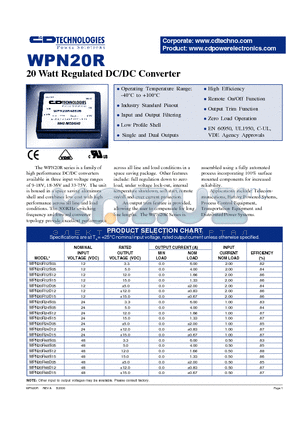 WPN20R24D12 datasheet - 20 WATT REGULATED DC/DC CONVERTER