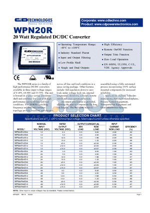 WPN20R12D12 datasheet - 20 WATT REGULATED DC/DC CONVERTER