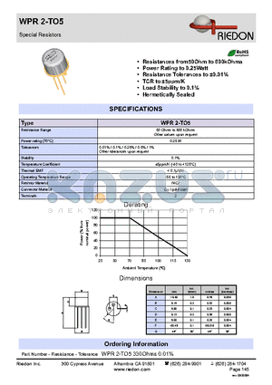 WPR2-TO5 datasheet - Special Resistors