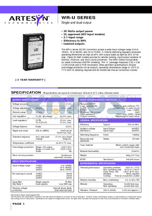 WR12D15/1000U datasheet - 30 Watt Wide input DC/DC converters