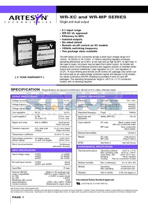 WR24D15 datasheet - 15 Watt Wide input DC/DC converters