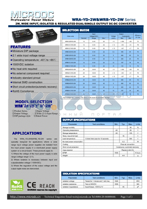 WRA-YD-2W datasheet - 2W, WIDE INPUT, ISOLATED & REGULATED DUAL/SINGLE OUTPUT DC-DC CONVERTER