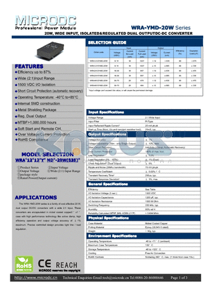WRA-YMD-20W datasheet - 20W, WIDE INPUT, ISOLATED&REGULATED DUAL OUTPUTDC-DC CONVERTER