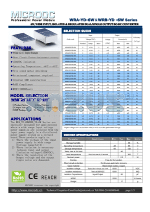 WRA-YD-6W datasheet - 6W,WIDEINPUT, ISOLATED&REGULATEDDUAL/SINGLEOUTPUTDC-DCCONVERTER