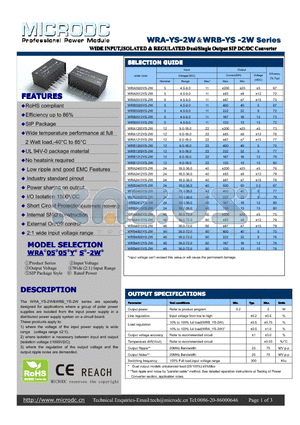 WRA-YS-2W datasheet - WIDEINPUT,ISOLATED&REGULATEDDual/SingleOutput SIPDC/DCConverter