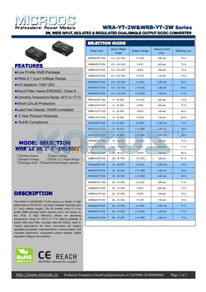 WRA-YT-2W datasheet - 2W,WIDE INPUT, ISOLATED & REGULATED DUAL/SINGLEOUTPUTDC/DCCONVERTER