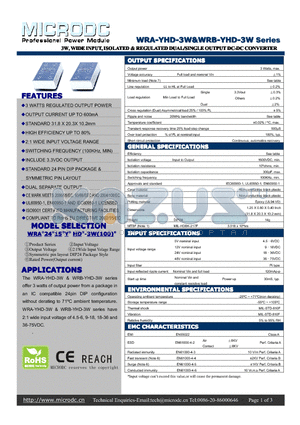 WRA-YHD-3W datasheet - 3W,WIDEINPUT, ISOLATED&REGULATEDDUAL/SINGLEOUTPUTDC-DCCONVERTER