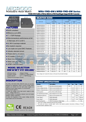 WRA-YMD-6W datasheet - WIDEINPUT,ISOLATED&REGULATEDDual/SingleOutputDC/DCConverter