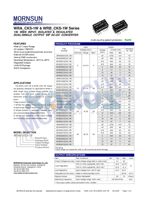 WRA0505CKS-1W datasheet - DUAL/SINGLE OUTPUT SIP DC-DC CONVERTER