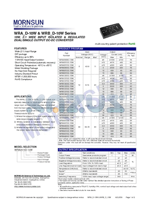 WRA0505D-10W datasheet - DUAL/SINGLE OUTPUT DC-DC CONVERTER