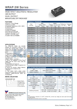 WRA0505P-3W datasheet - WIDE INPUT ISOLATED & REGULATED 3W OUTPUT