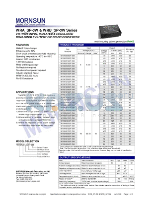 WRA0505SP-3W datasheet - DUAL/SINGLE OUTPUT DIP DC-DC CONVERTER