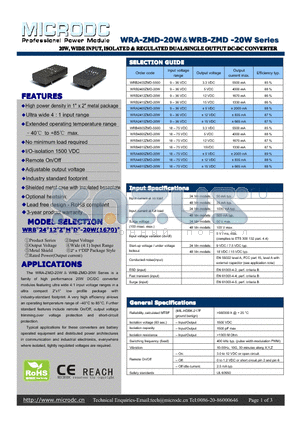 WRA-ZMD-20W datasheet - 20W,WIDEINPUT, ISOLATED&REGULATEDDUAL/SINGLEOUTPUTDC-DCCONVERTER