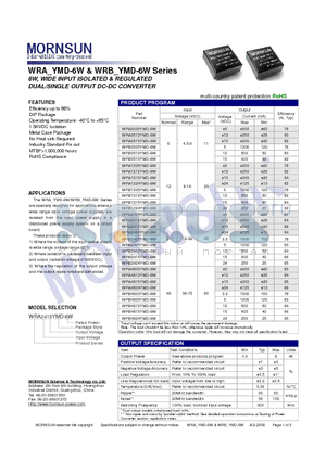 WRA0505YMD-6W datasheet - DUAL/SINGLE OUTPUT DC-DC CONVERTER