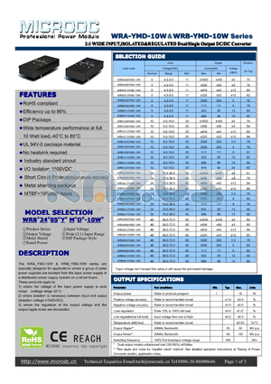 WRA0509YMD-10W datasheet - 2:1WIDEINPUT,ISOLATED&REGULATED Dual/SingleOutputDC/DCConverter