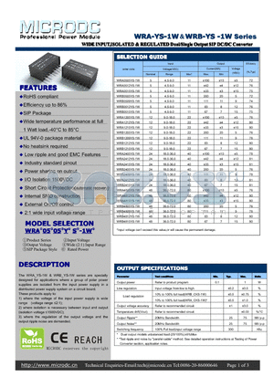 WRA-YS-1W datasheet - WIDEINPUT,ISOLATED&REGULATEDDual/SingleOutput SIPDC/DCConverter