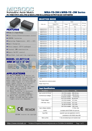 WRA0512YS-3W datasheet - 3W,WIDEINPUT, ISOLATED&REGULATEDDUAL/SINGLEOUTPUTDC-DCCONVERTER