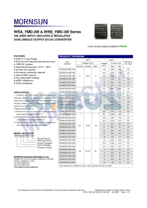 WRA0515YMD-3W datasheet - DUAL/SINGLE OUTPUT DC-DC CONVERTER