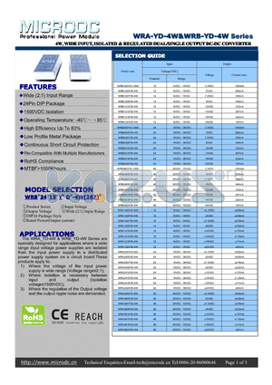 WRA1207YD-4W datasheet - 4W,WIDEINPUT, ISOLATED&REGULATEDDUAL/SINGLEOUTPUTDC-DCCONVERTER