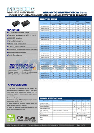 WRA0515YMT-3W datasheet - 3W, WIDE INPUT , ISOLA TED & REGULATED SINGLE/DUAL OUTPUTDC/DC CONVERTER