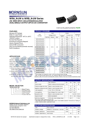 WRA1215N-2W datasheet - DUAL/SINGLE OUTPUT DIP DC-DC CONVERTER