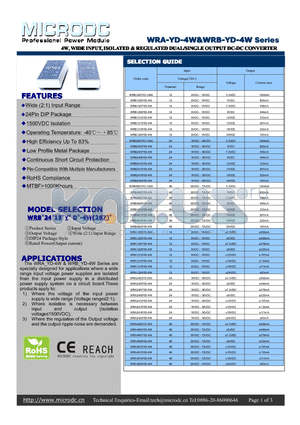 WRA1215YD-4W datasheet - 4W,WIDEINPUT, ISOLATED&REGULATEDDUAL/SINGLEOUTPUTDC-DCCONVERTER